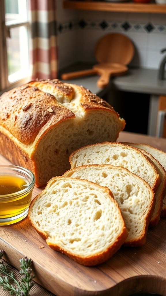 Sliced low-carb almond flour bread on a wooden board with olive oil and herbs.